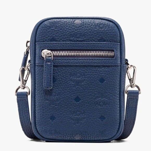 MCM Worldwide Unisex Cobalt Blue Tivitat Crossbody Belt Bag Logo Leather Sling - Picture 1 of 8